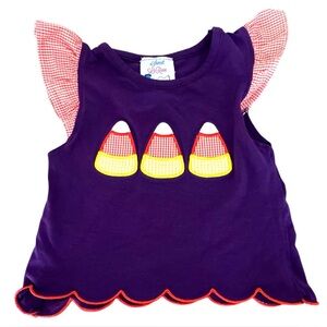Sweet LaRose 6M Candy Corn Appliqué on Purple Ruffle Sleeve Scalloped Hem Tee